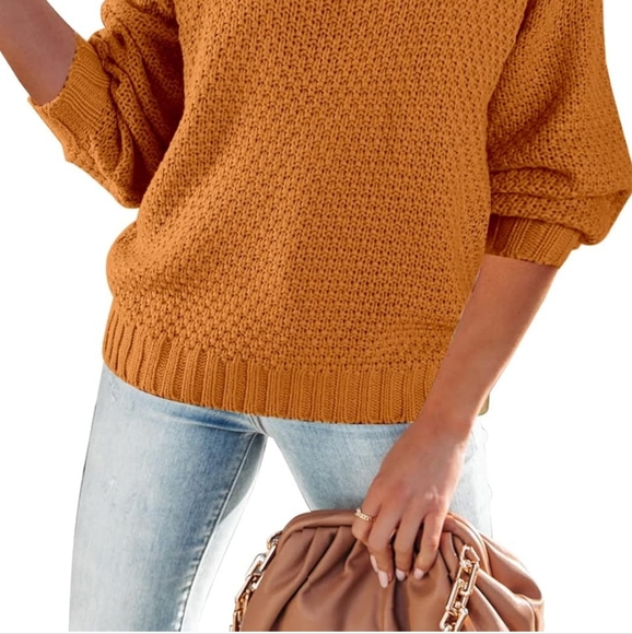 Women's Thick Knitted Orange Sweater with Round Neck - Picture 6 of 15